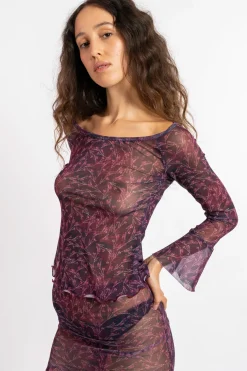 MaisonCléo Tops>FW22 RUNWAY LOOK 10 – Top col bateau à fleurs bordeaux et violet en mesh TIPHAINE