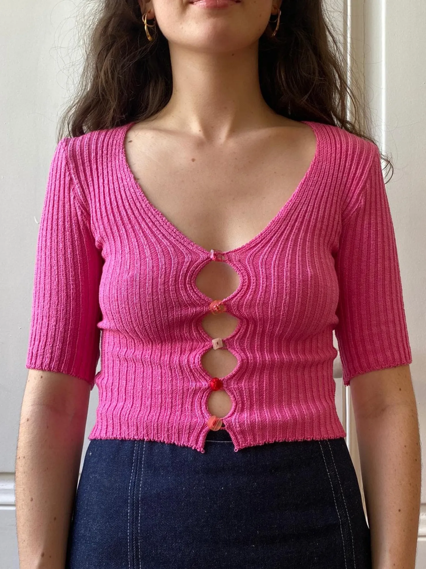 MaisonCléo Cardigans|Mailles>Gilet tricoté rose bonbon en coton organique LORE