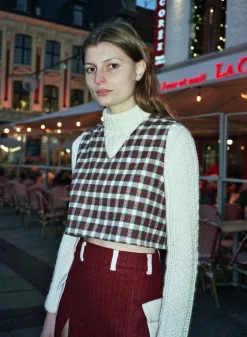 MaisonCléo Jupes>Jupe à fentes à carreaux bordeaux OANA
