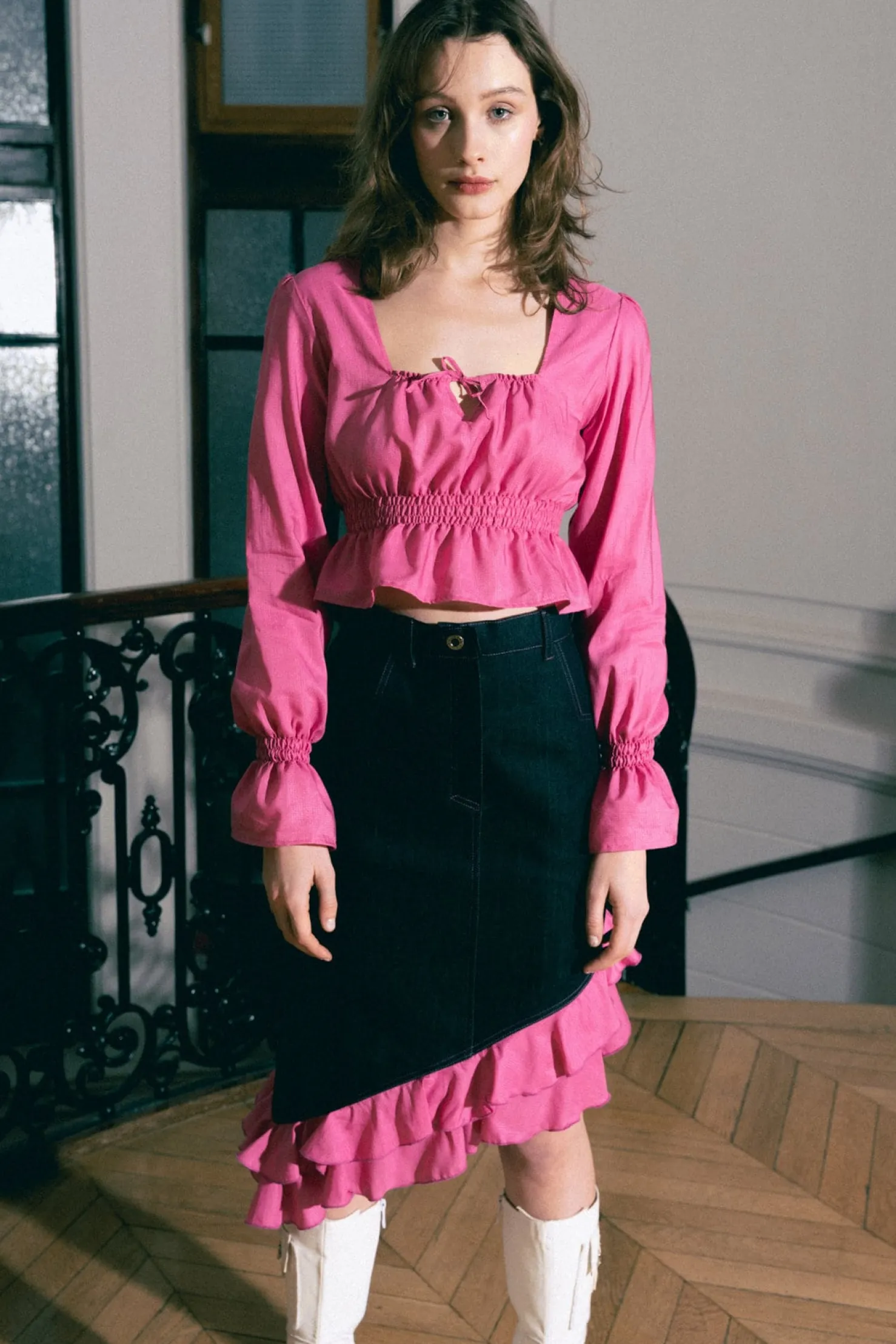 MaisonCléo Jupes>Jupe asymétrique en denim et volants en soie rose fuchsia BRIDGET