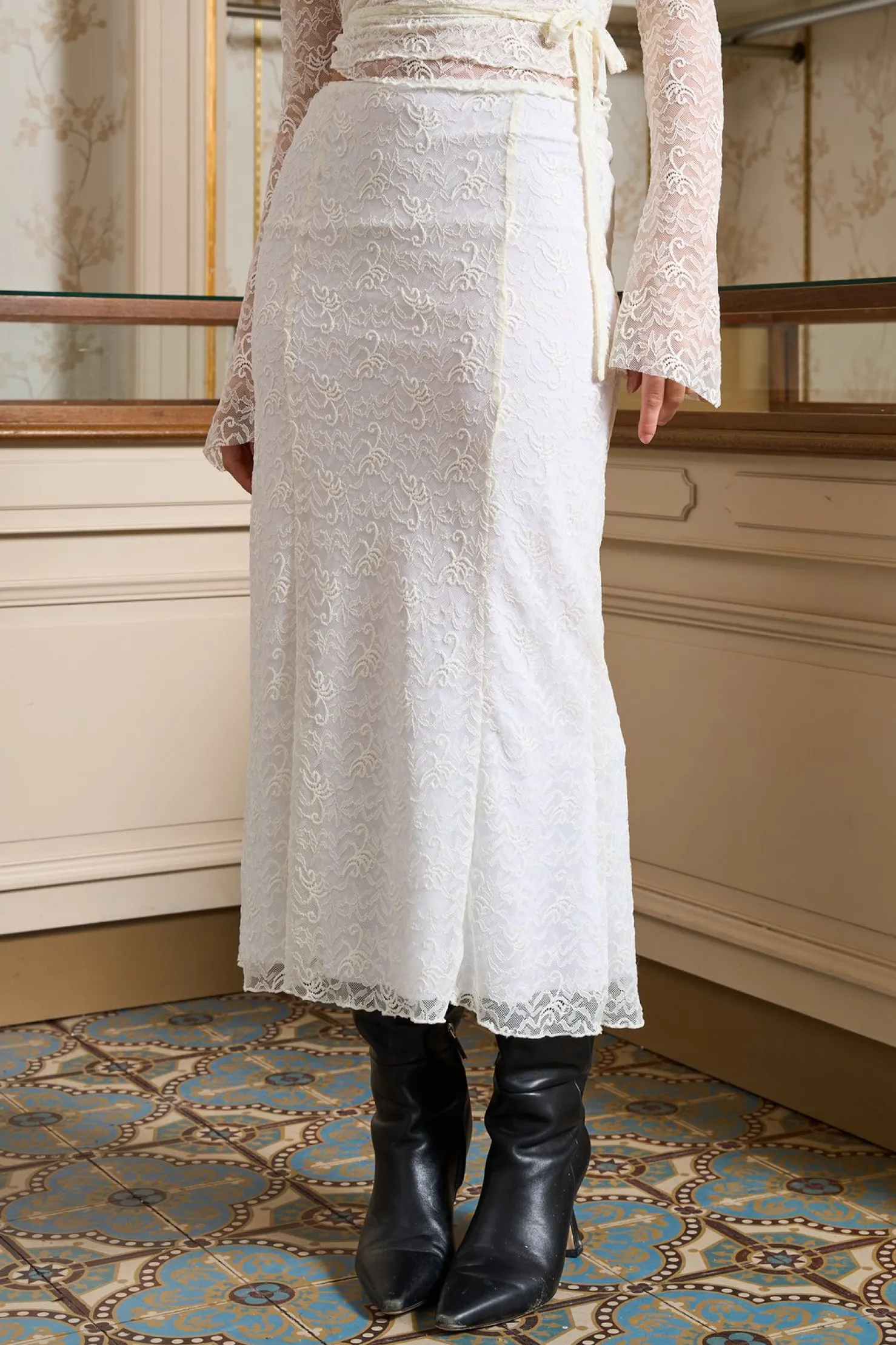 MaisonCléo Jupes>Jupe en dentelle blanc cassé BARBARA