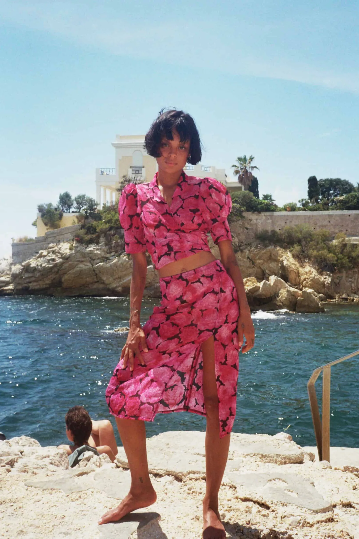 MaisonCléo Jupes>Jupe mi-longue en soie à fleurs rose fuchsia MARTHE
