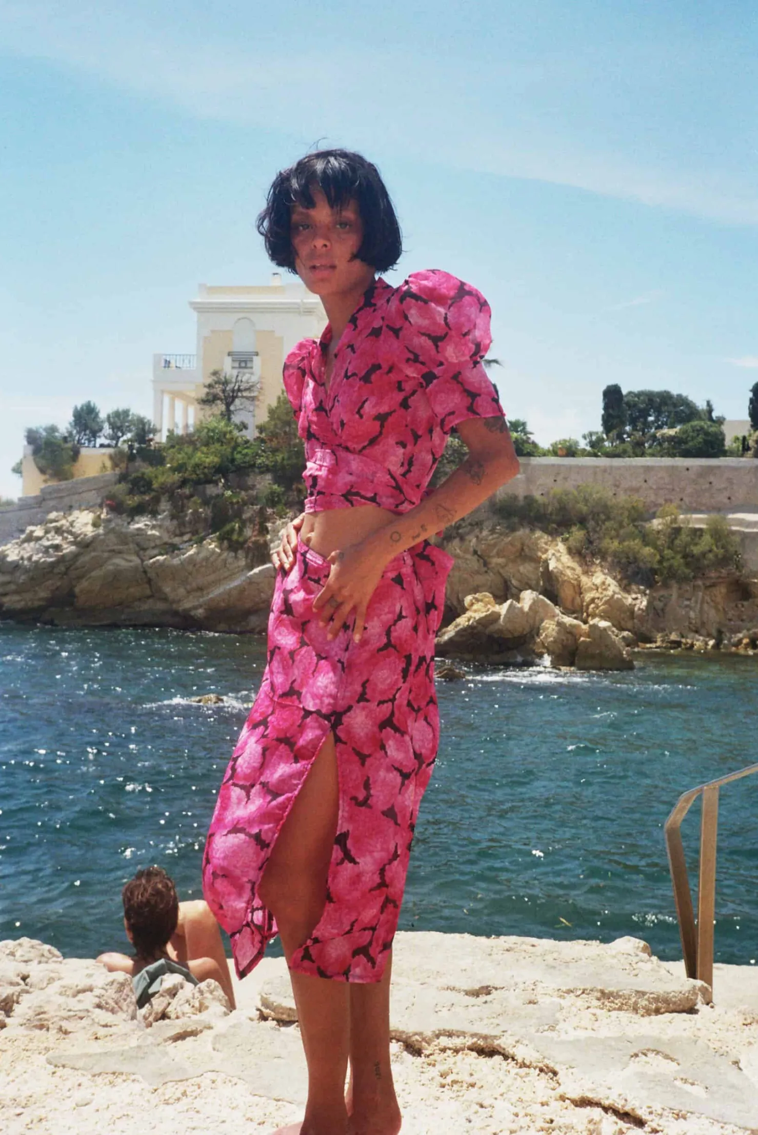 MaisonCléo Jupes>Jupe mi-longue en soie à fleurs rose fuchsia MARTHE