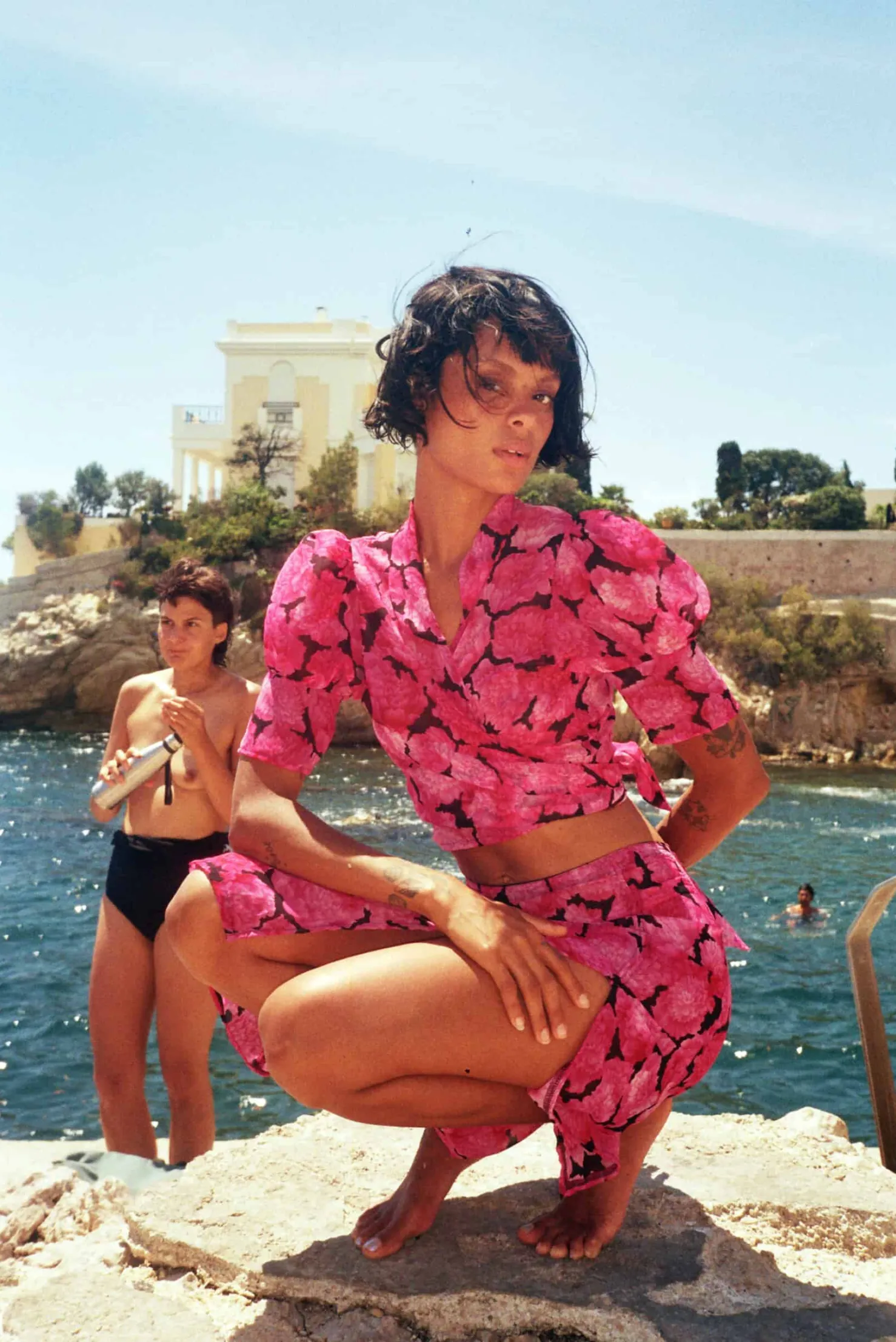MaisonCléo Jupes>Jupe mi-longue en soie à fleurs rose fuchsia MARTHE