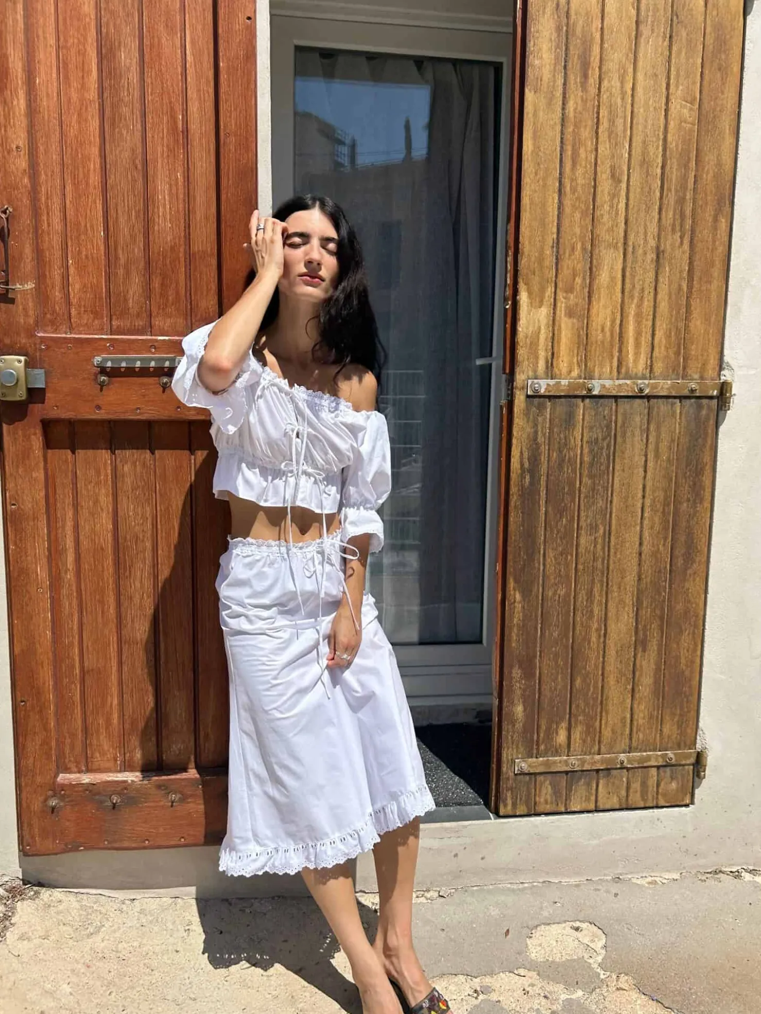 MaisonCléo Jupes>Jupe mi-longue évasée en coton blanc et broderie anglaise