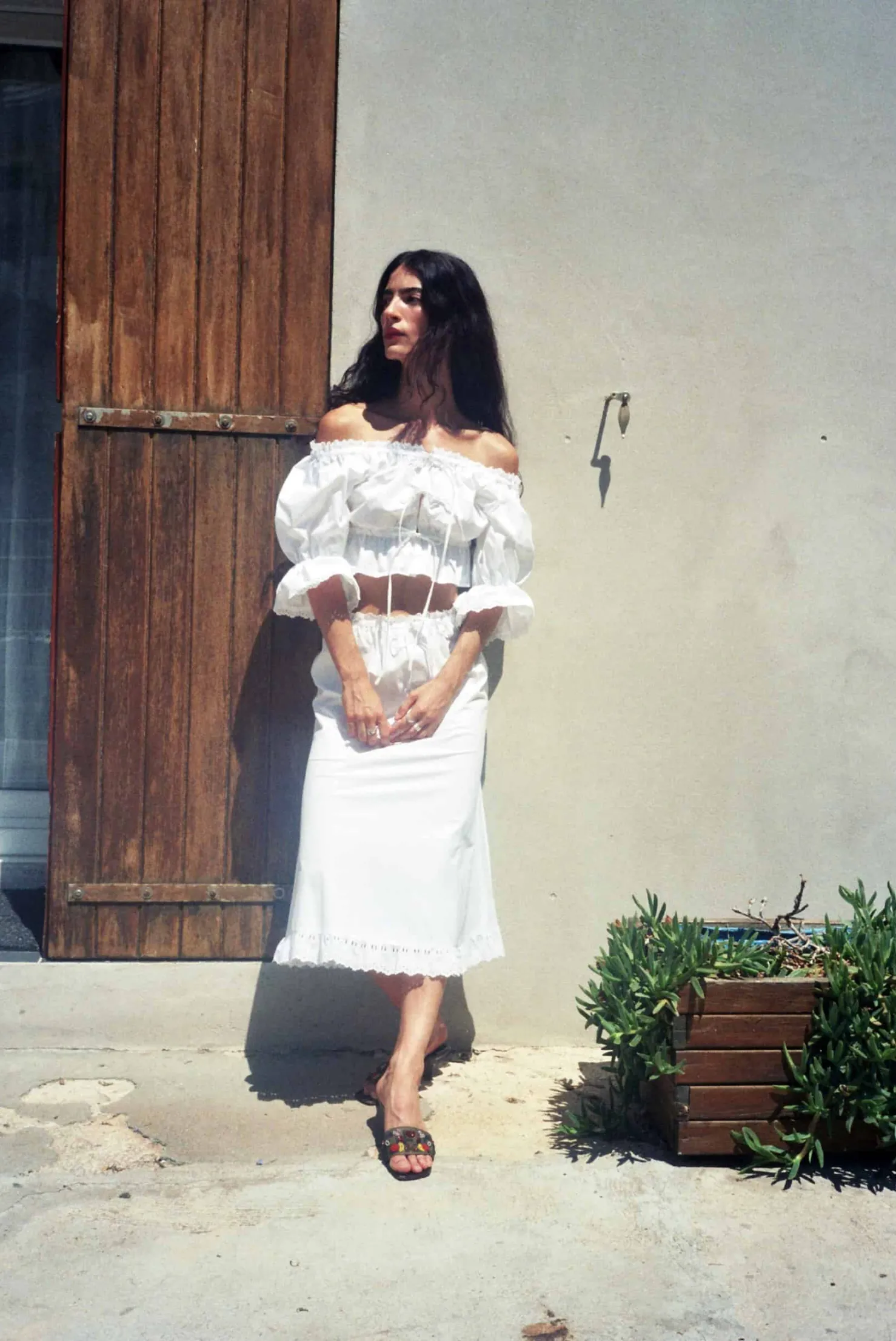 MaisonCléo Jupes>Jupe mi-longue évasée en coton blanc et broderie anglaise