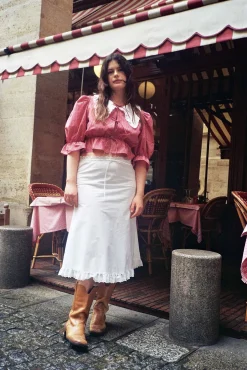 MaisonCléo Jupes>Jupe mi-longue évasée en coton blanc et broderie anglaise