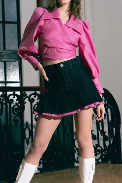 MaisonCléo Jupes>Jupe plissée en denim bleu foncé à volants rose fuchsia LORIE