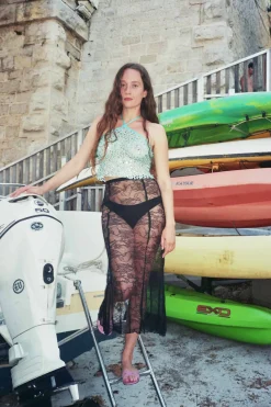 MaisonCléo Jupes>Jupe sirène mi-longue en dentelle de Calais noire fleurie