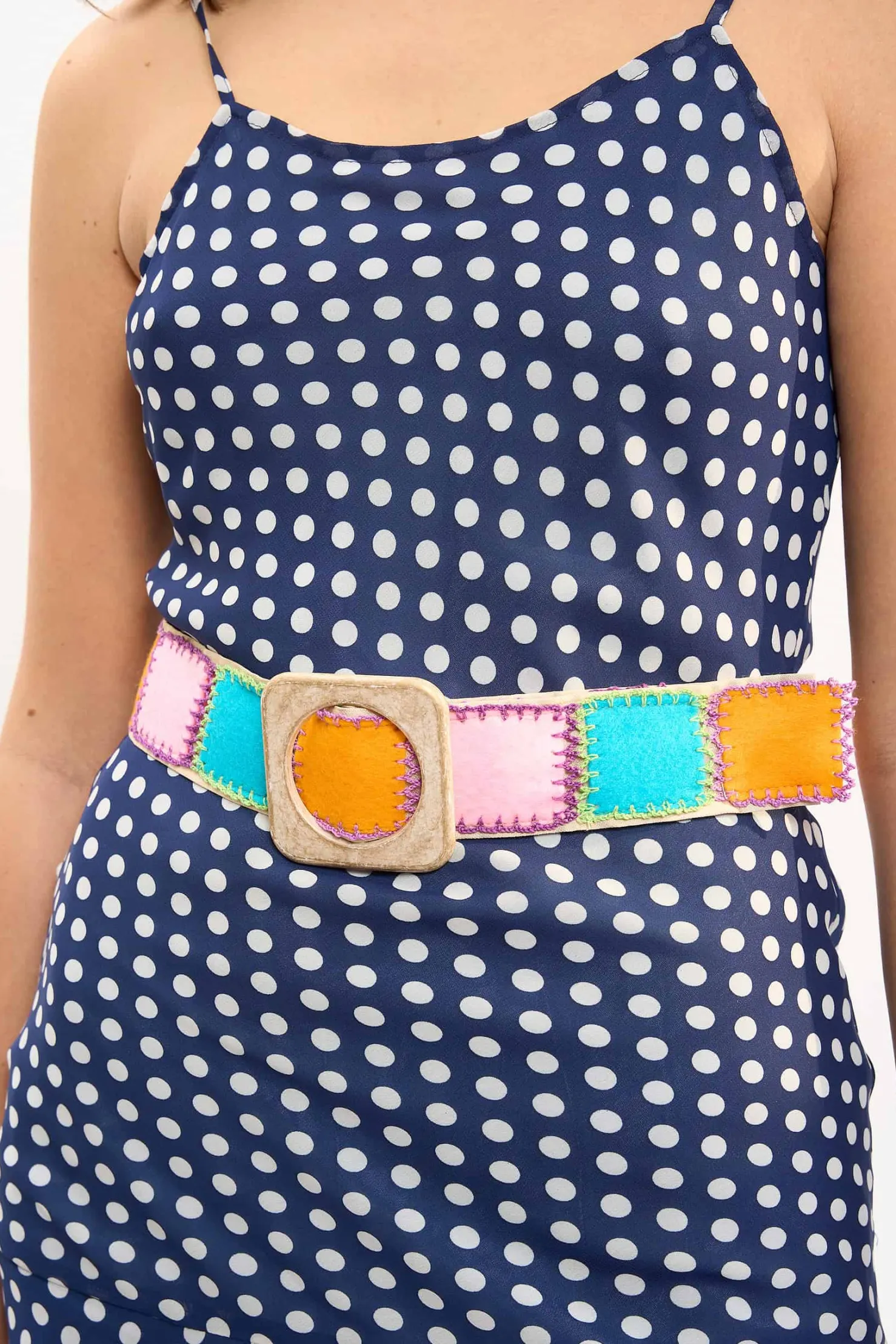 MaisonCléo Ceintures>LA BADOULE – Ceinture EMY en crochet multicolore et soir beige avec boucle carré