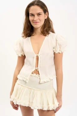 MaisonCléo Blouses|Tops>LA BADOULE LOOK 5 – Blouse ARIANE en organza de soie blanc cassé volantée