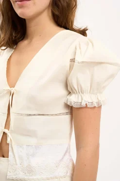 MaisonCléo Blouses>LA BADOULE LOOK 9 – Blouse EMMA en coton, lin et soie crème avec broderies
