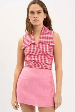 MaisonCléo Blouses>LA BADOULE LOOK 26 – Blouse cache-coeur JULIENNE en coton rouge à carreaux
