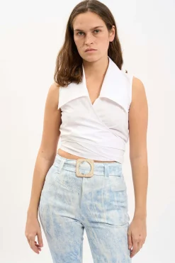 MaisonCléo Blouses>LA BADOULE LOOK 34 – Blouse cache-coeur JULIENNE en coton blanc