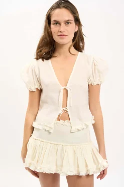 MaisonCléo Jupes>LA BADOULE LOOK 5 – Jupe ALBA en organza de soie blanc cassé volantée