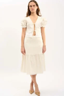MaisonCléo Jupes>LA BADOULE LOOK 9 – Jupe ROMY en coton et lin crème avec dentelle fleurie