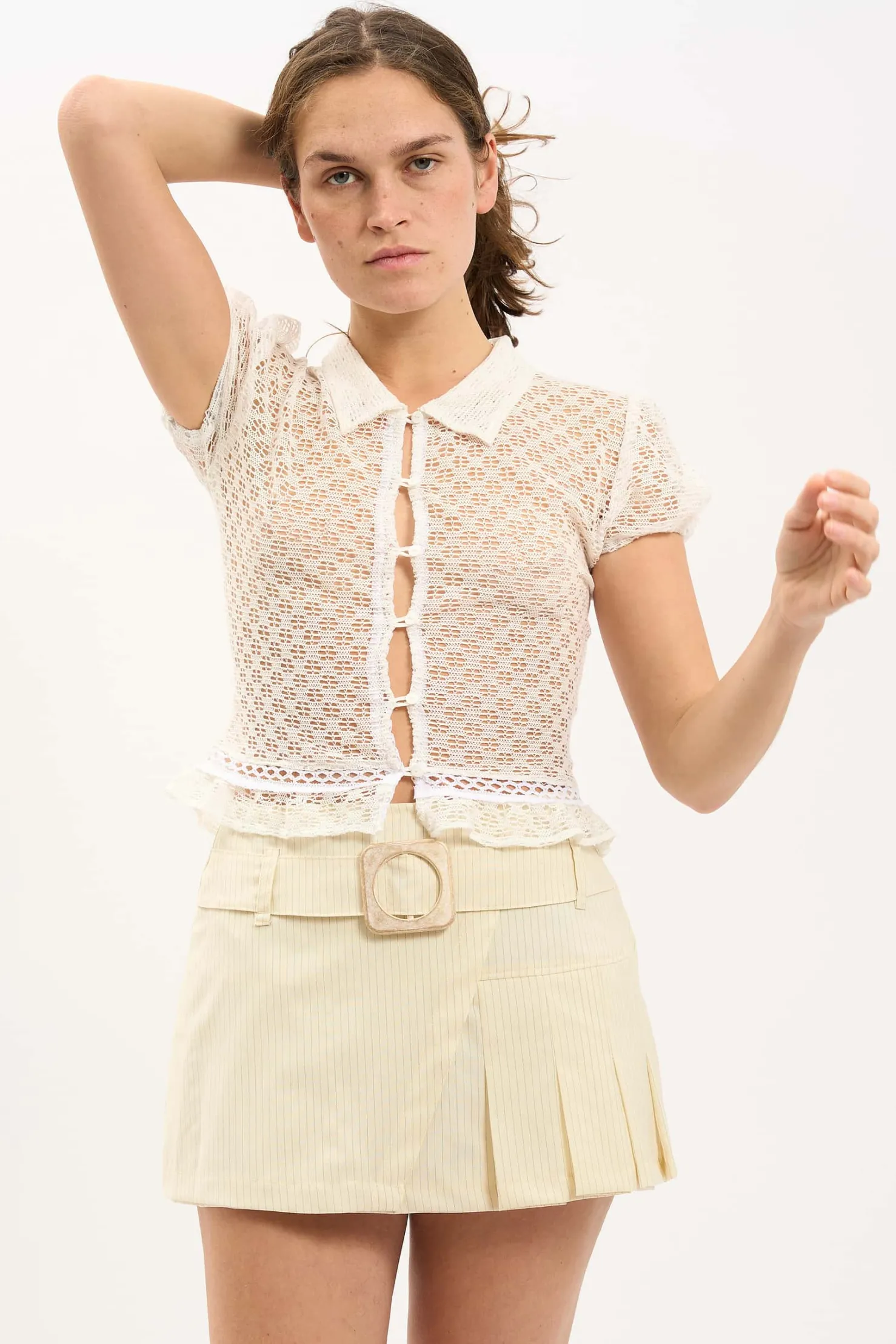 MaisonCléo Jupes>LA BADOULE LOOK 20 – Jupe TESSA plissée en coton et lin beige à rayures