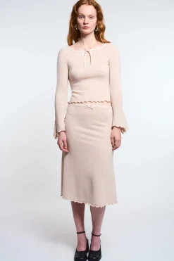 MaisonCléo Jupes>LA POUPETTE DÉFILÉ LOOK 22 – Jupe midi SOIZIC en jersey beige avec finition bourdon