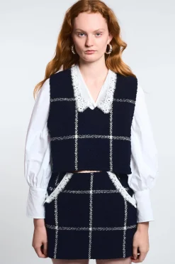 MaisonCléo Jupes>LA POUPETTE DÉFILÉ LOOK 27 – Jupe MAI en laine à carreaux bleu poches dentelle