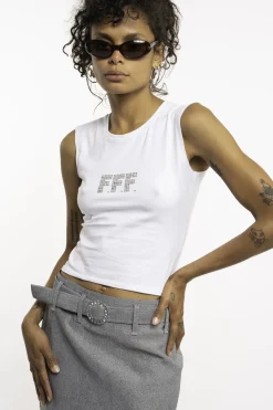 MaisonCléo Tops>Le débardeur FFF en strass argenté blanc en coton