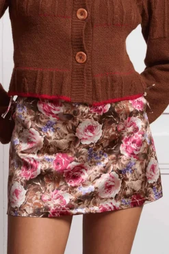 MaisonCléo Jupes>Mini jupe ajourée en soie duchesse fleurie et liens côtés MONIQUE