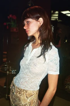 MaisonCléo Tops>Polo boutonné en dentelle blanc cassé Cléa