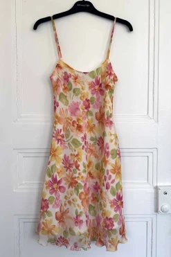 MaisonCléo Robes>Robe babydoll en mousseline de soie fleurie ecru orange et fuschia