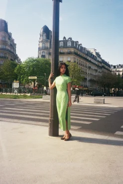 MaisonCléo Robes>Robe boutonnée Jenna en soie jacquard fleuri vert