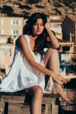 MaisonCléo Robes>Robe CORA babydoll oversize en coton blanc et dentelle volantée