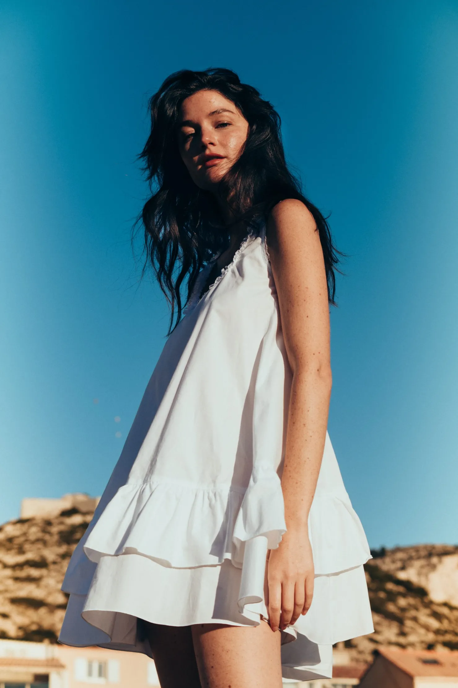 MaisonCléo Robes>Robe CORA babydoll oversize en coton blanc et dentelle volantée