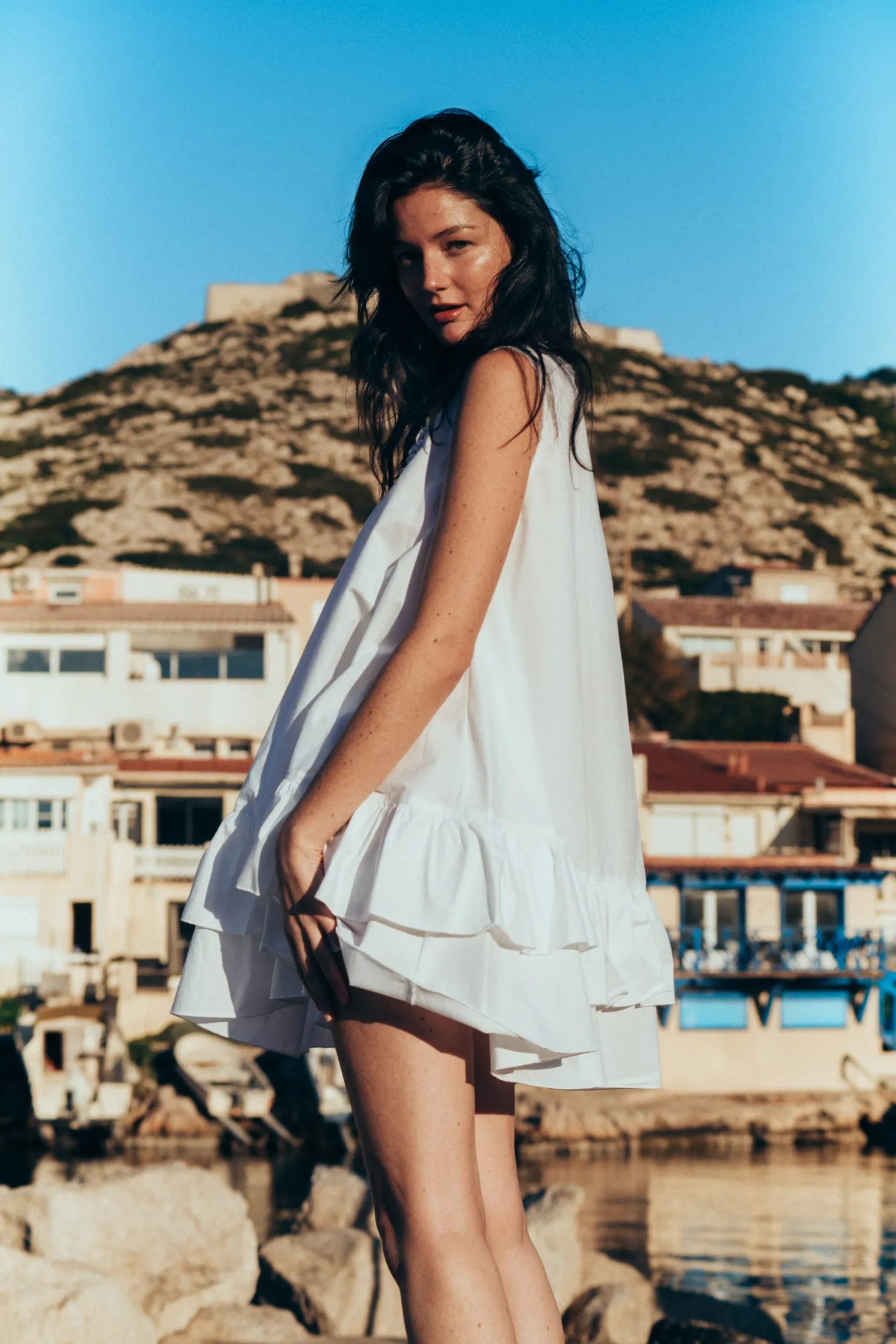 MaisonCléo Robes>Robe CORA babydoll oversize en coton blanc et dentelle volantée
