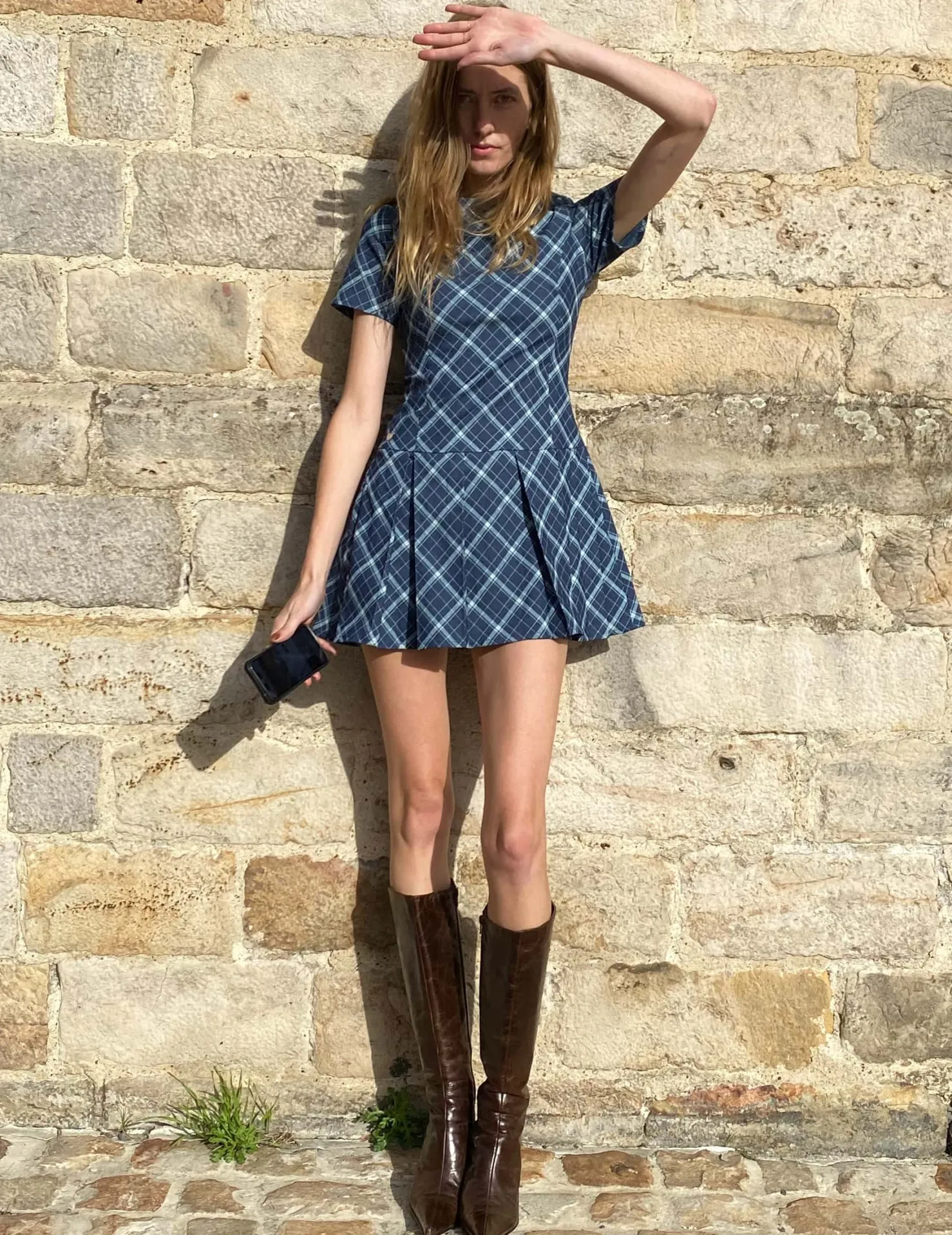 MaisonCléo Robes>Robe en coton fin à carreaux plissée manches courtes ELENA