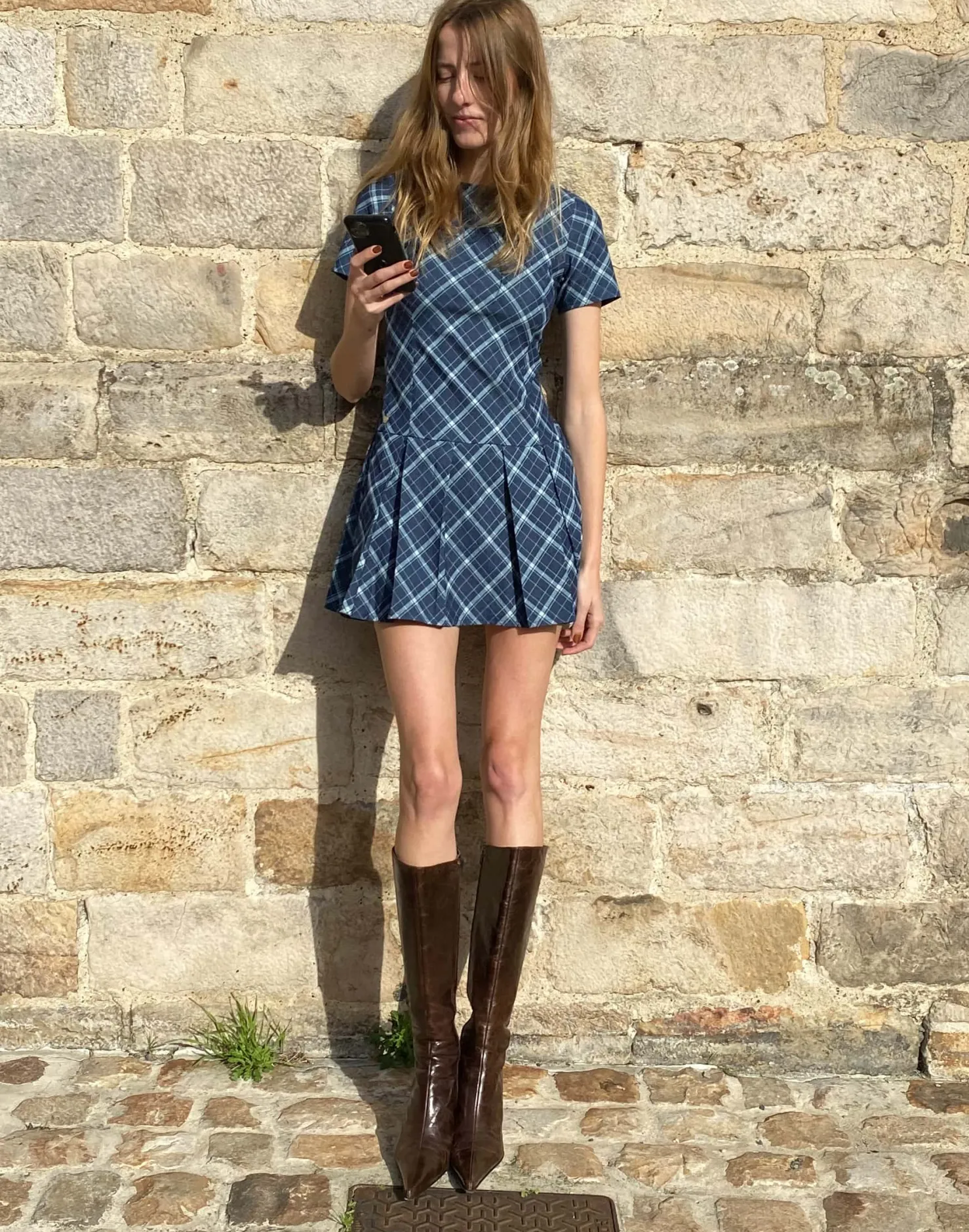 MaisonCléo Robes>Robe en coton fin à carreaux plissée manches courtes ELENA