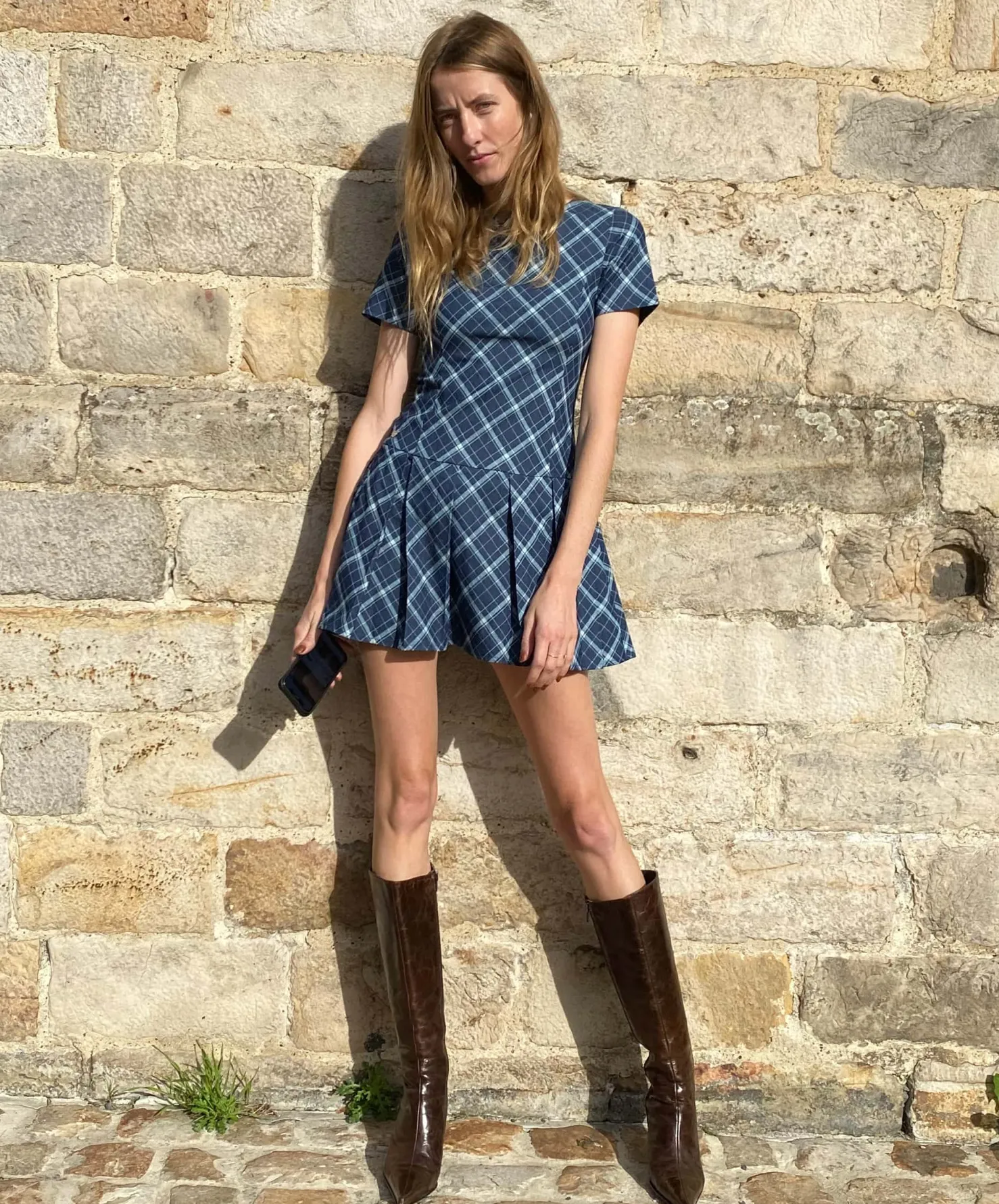 MaisonCléo Robes>Robe en coton fin à carreaux plissée manches courtes ELENA