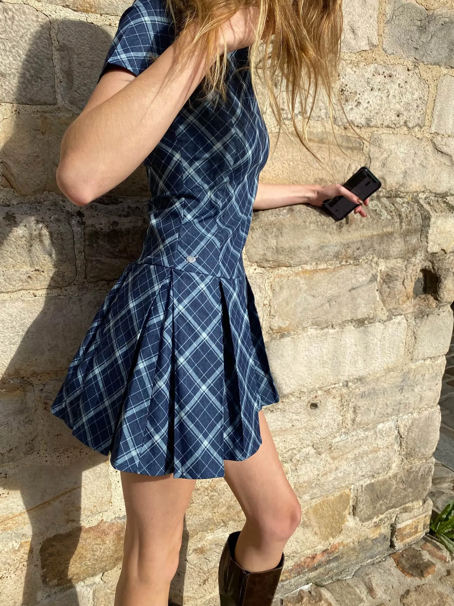 MaisonCléo Robes>Robe en coton fin à carreaux plissée manches courtes ELENA