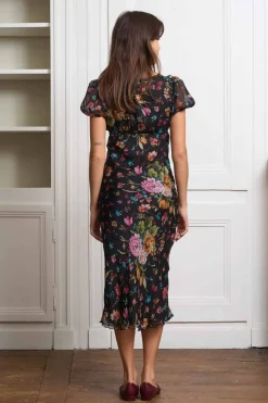 MaisonCléo Robes>Robe en mousseline de soie fluide fleurie multicolore NINE