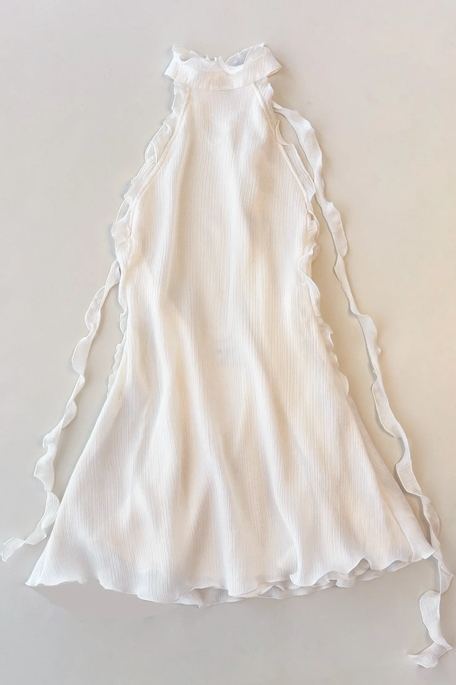 MaisonCléo Robes>Robe FELISA dos nu fluide volantée en soie texturée écrue et volants