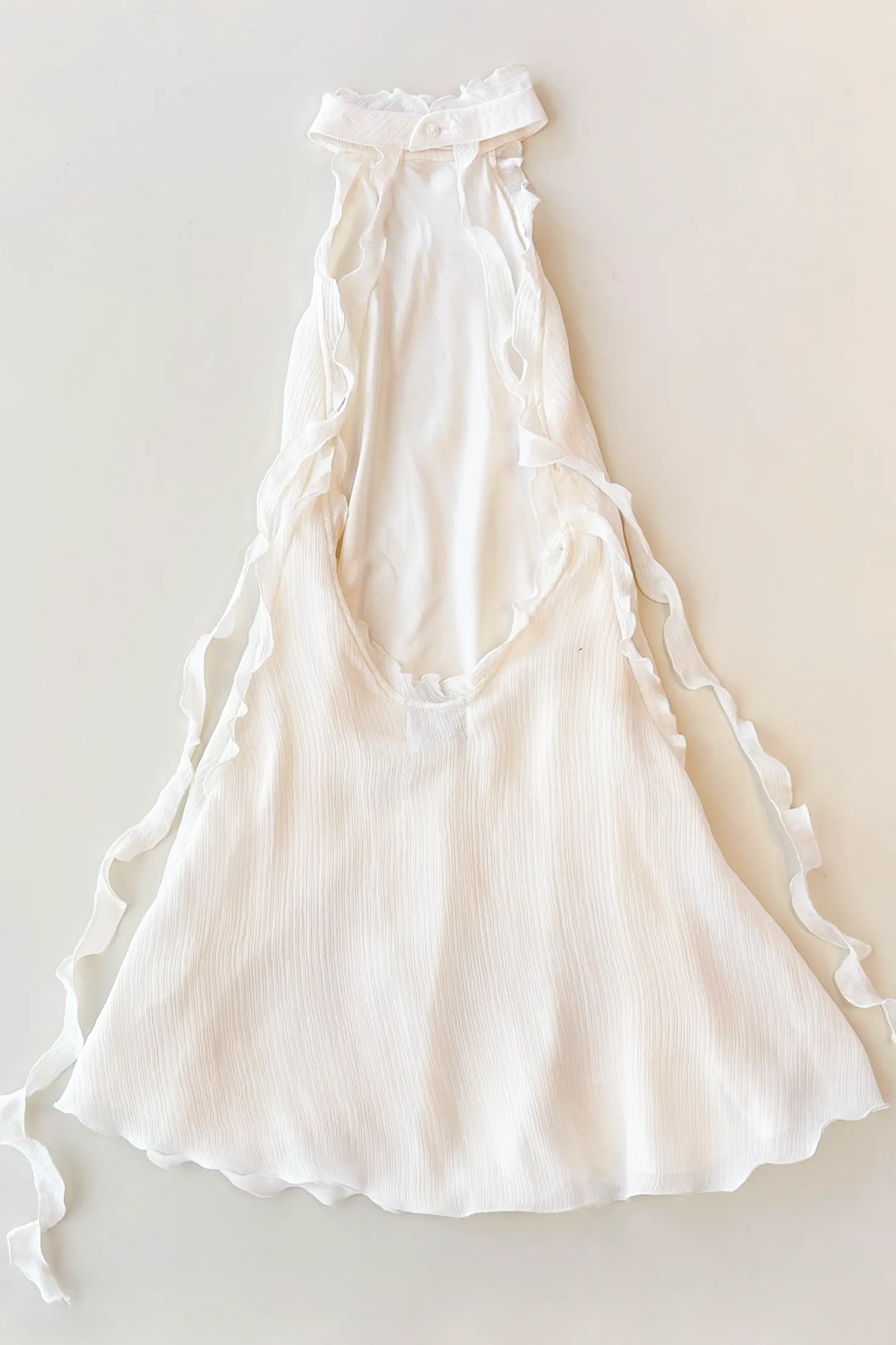 MaisonCléo Robes>Robe FELISA dos nu fluide volantée en soie texturée écrue et volants