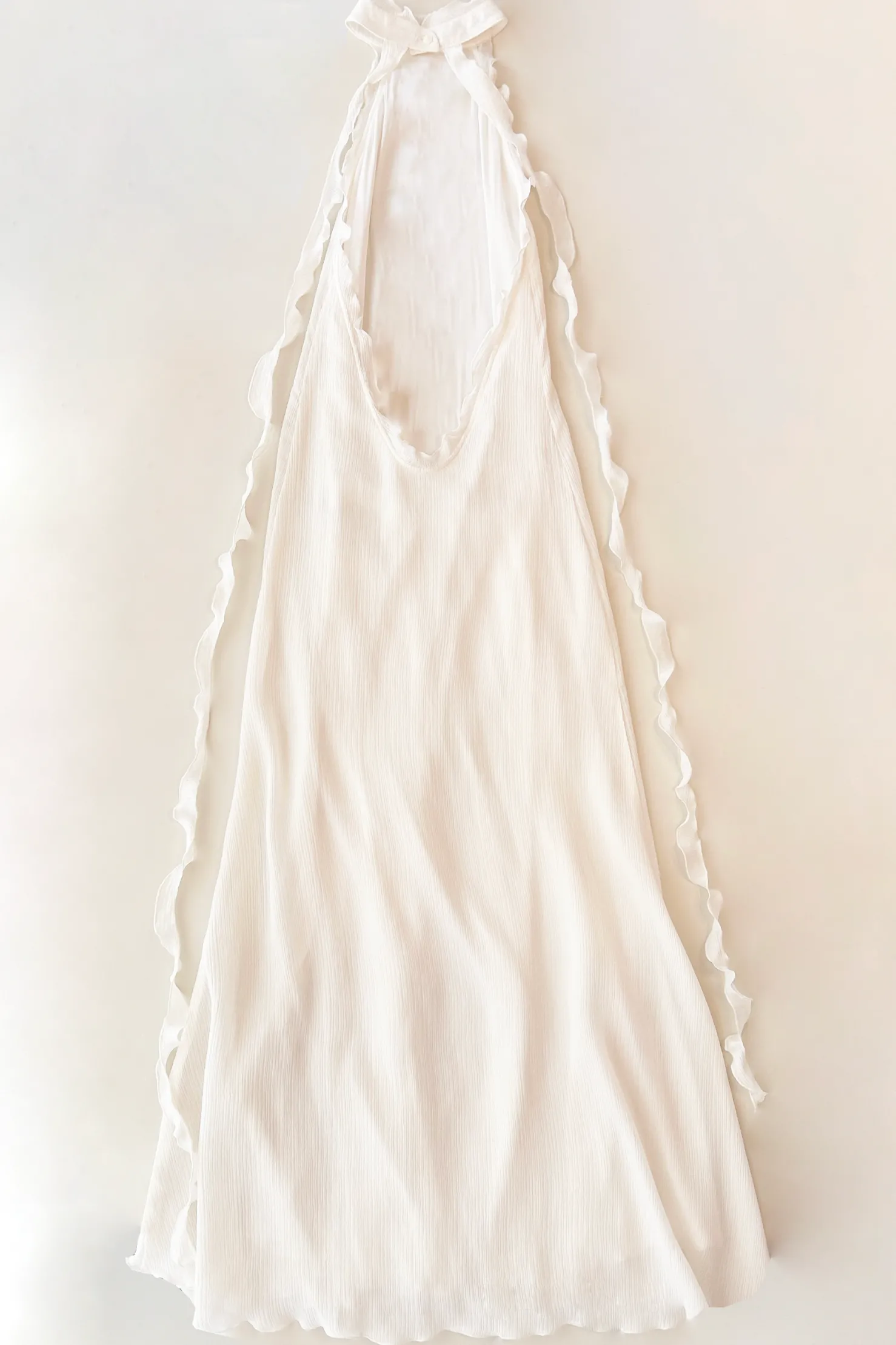 MaisonCléo Robes>Robe FELISA longue dos nu en soie texturée écrue avec volants