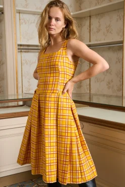 MaisonCléo Robes>Robe jaune carreaux plissée en tweed NANCY