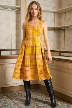 MaisonCléo Robes>Robe jaune carreaux plissée en tweed NANCY