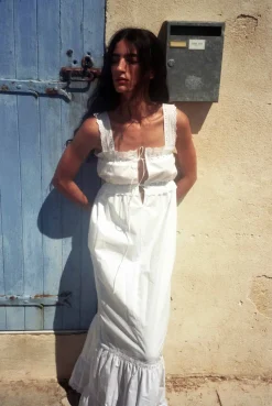 MaisonCléo Robes>Robe longue en coton blanc brodé et dentelle avec liens MIMI