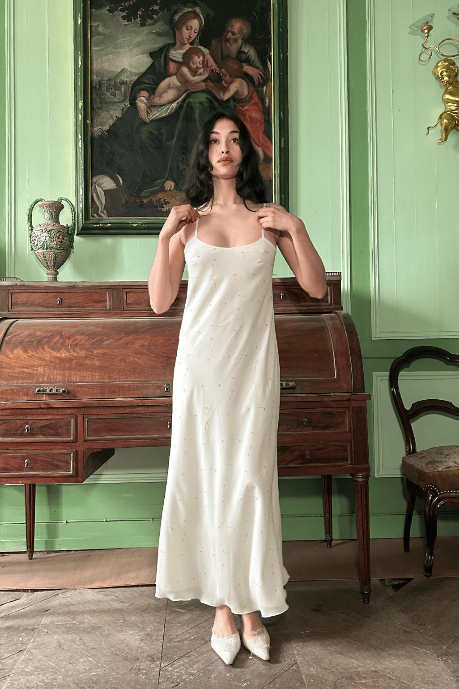 MaisonCléo Robes>Robe longue JIMENA en mousseline de soie fleurie beige