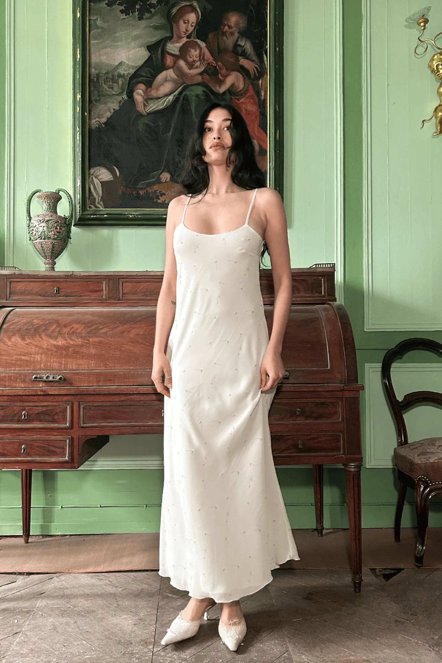 MaisonCléo Robes>Robe longue JIMENA en mousseline de soie fleurie beige