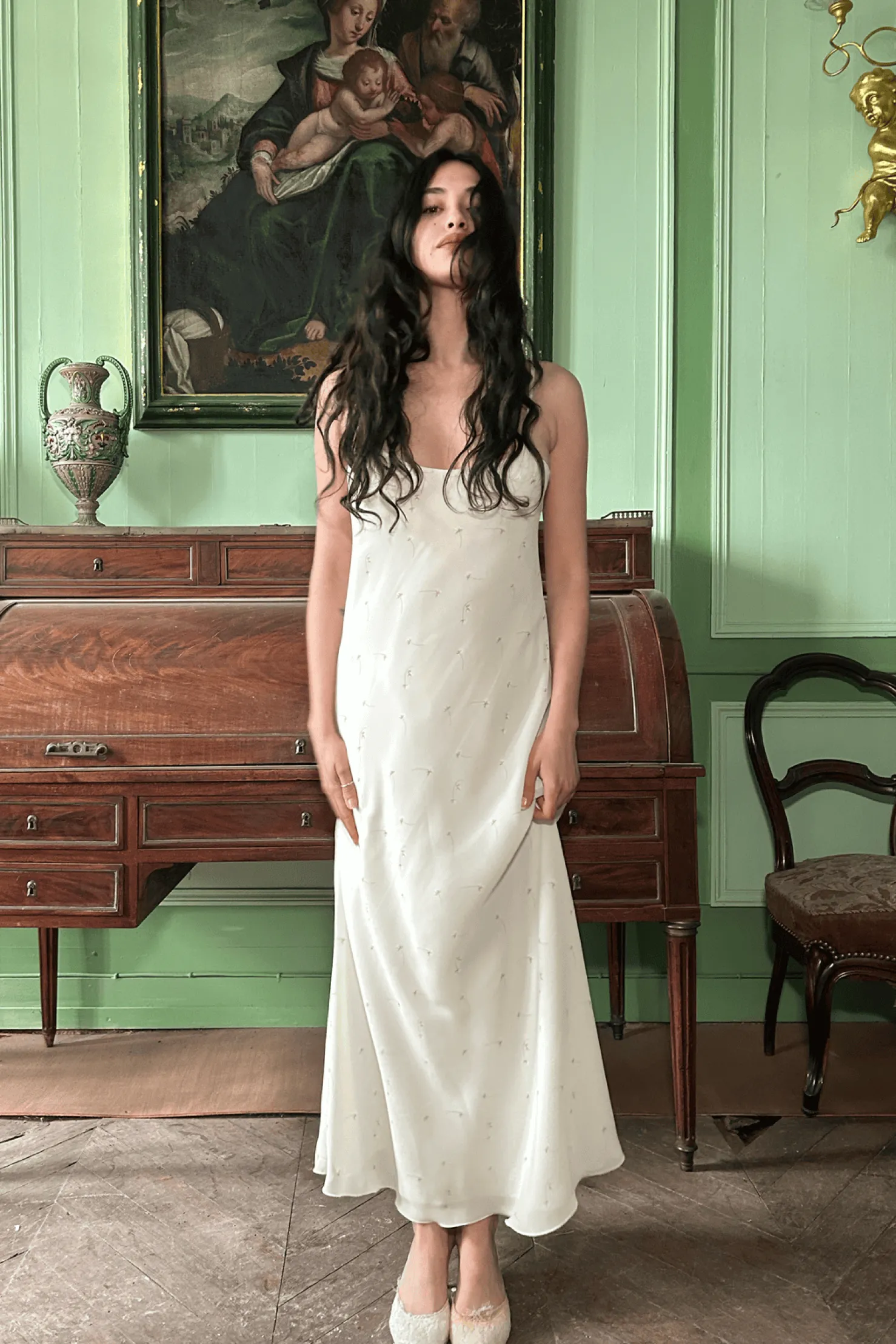 MaisonCléo Robes>Robe longue JIMENA en mousseline de soie fleurie beige