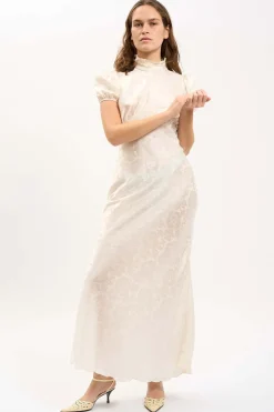 MaisonCléo Robes>Robe longue romantique MORANE en soie imprimé fleurs de dahlias