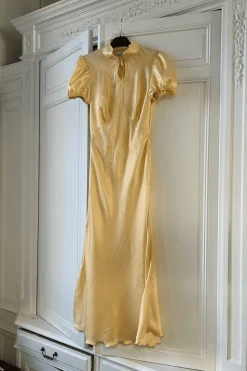 MaisonCléo Robes>Robe longue romantique MORANE en soie doré jacquard