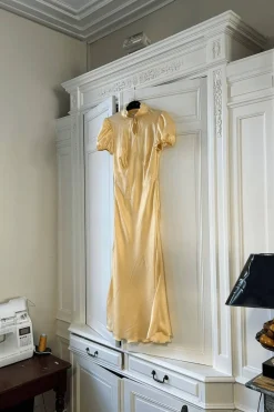 MaisonCléo Robes>Robe longue romantique MORANE en soie doré jacquard