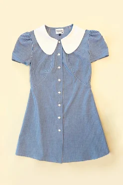 MaisonCléo Robes>Robe MARIE évasée en coton vichy bleu boutonnée avec col claudine