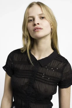 MaisonCléo Tops>RUNWAY LOOK 15 – Chemise manches courtes en mousseline noire ornée de sequins